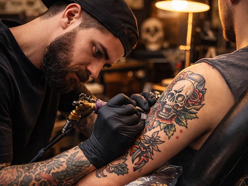 Tarjetas de perfil de tatuadores con miniaturas de portafolio y enfoque de estilo